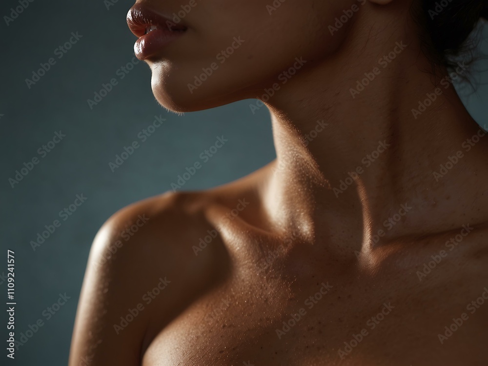 Woman’s neck and shoulders with soft glow, close-up. Woman’s neck and shoulders with soft glow, close-up.