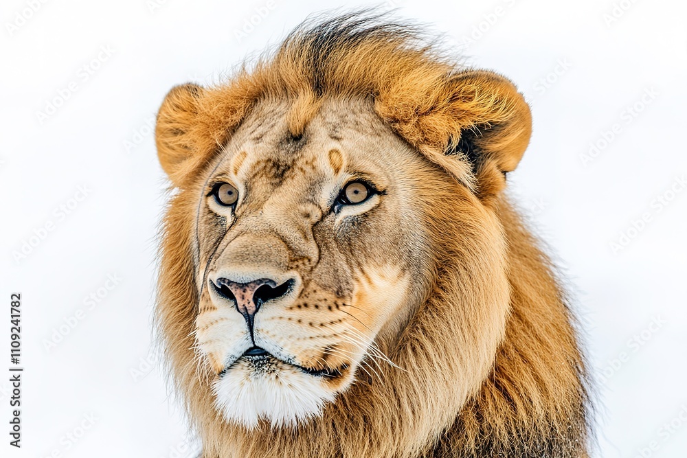 Fototapeta premium Majestic lion portrait on white background, intense gaze.