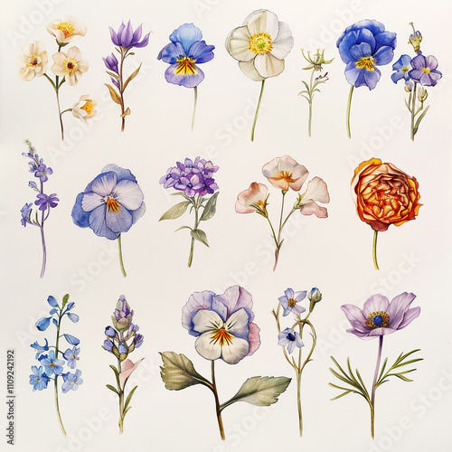 Illustrations of many different flowers drawn on a plain white background.