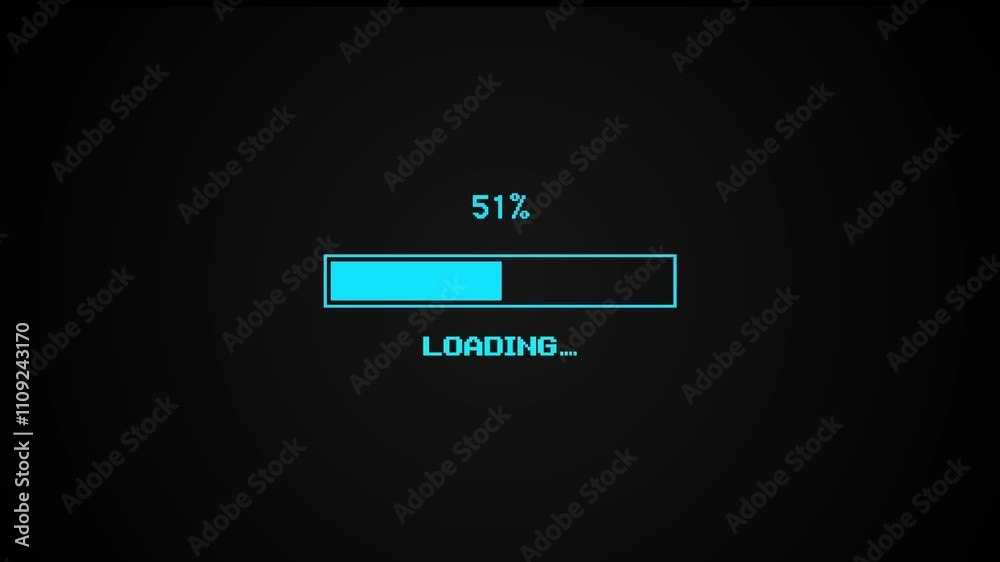 8-bit pixel vintage blue loading bar. Loading bar 0 to 100. Status bar showing loading process on black background.