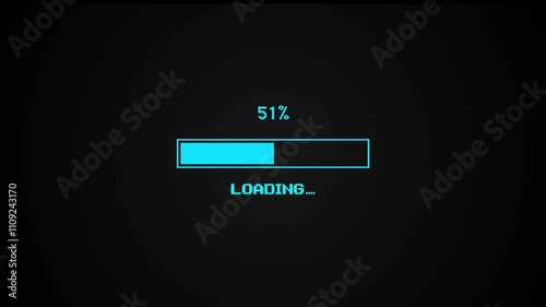 8-bit pixel vintage blue loading bar. Loading bar 0 to 100. Status bar showing loading process on black background.