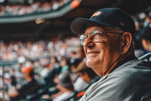 Happy Elderly Man Watching Baseball Game In Stadium