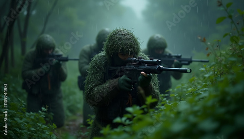 A tense, atmospheric scene of stealthy snipers on a mission in the rain, camouflaged in ghillie suits, poised for action in a lush, green environment 
