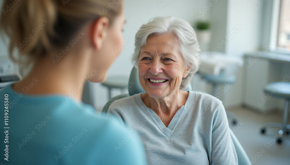 Fototapeta premium A confident elderly woman smiling warmly at the dentist’s office, emphasizing the importance of senior healthcare services and professional, friendly dental care 