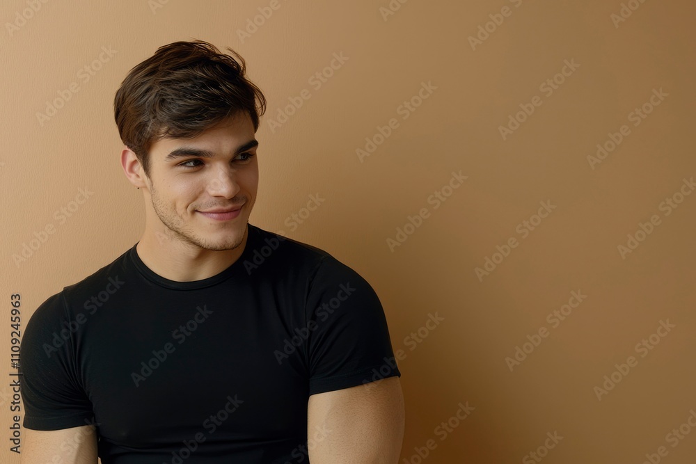 Young Man Smiling Against A Tan Background Young Man Smiling Against A Tan Background