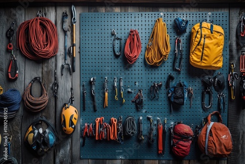 Climbing equipment and tools neatly organized on a pegboard photo