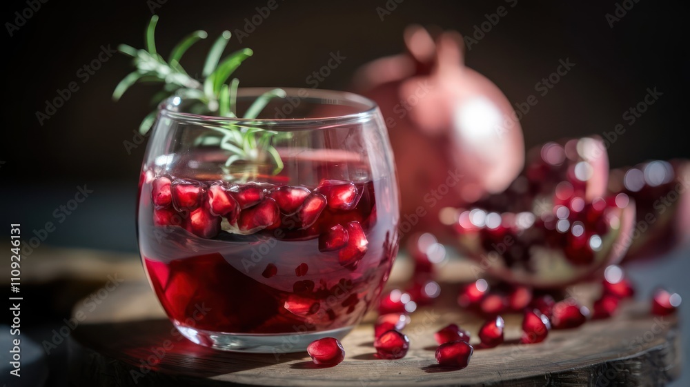Red cocktail with rosemary and pomegranate garnish. Red cocktail with rosemary and pomegranate garnish.