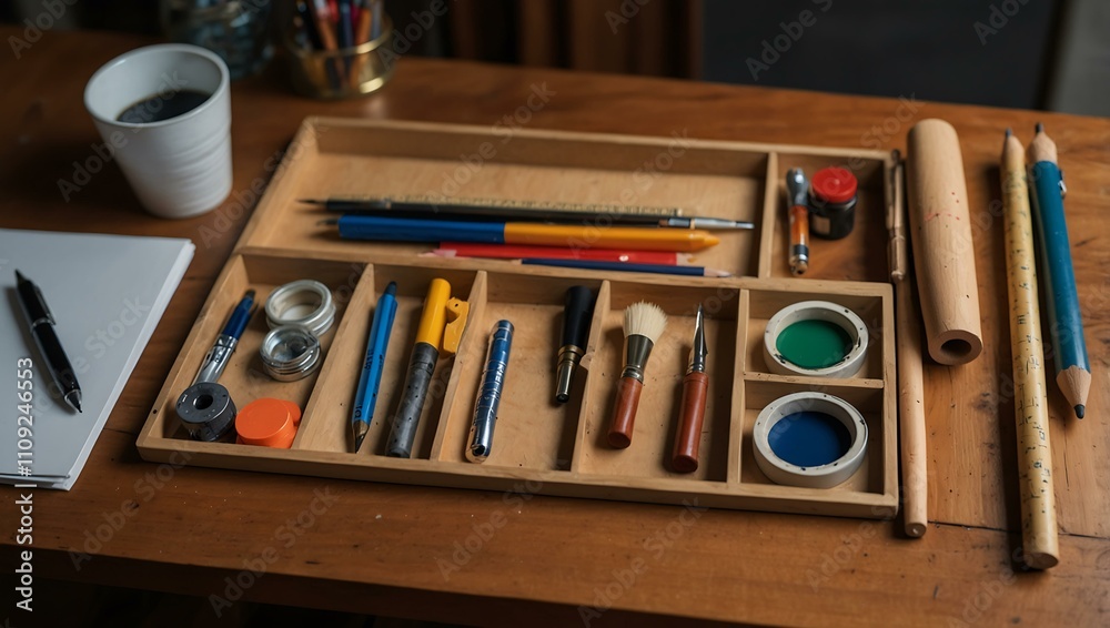 Wooden desk with design tools and supplies. Wooden desk with design tools and supplies.