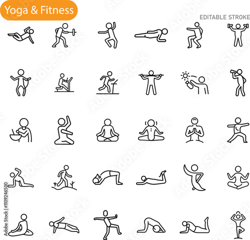 Yoga, Fitness, Exercise, Workout, Icons, Line Art, Stick Figures, Wellness, Health, Activities