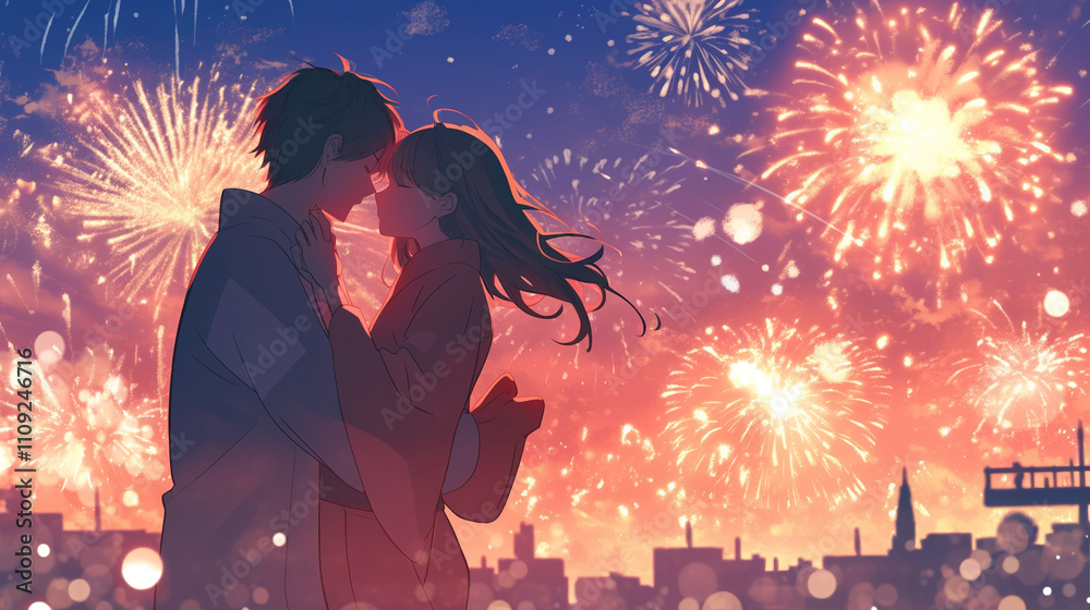 new year celebration kawaii anime manga background with fireworks new year celebration kawaii anime manga background with fireworks