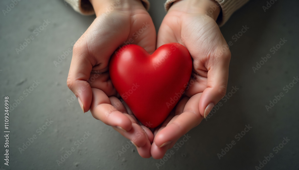 A first-person top view photo of female hands gently cradling a red heart, symbolizing care and compassion
