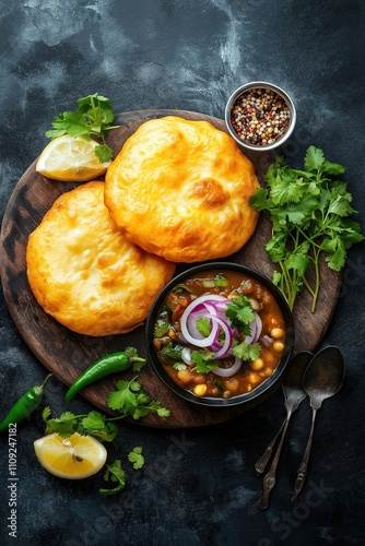 Indian cuisine - Chole Bhature with Pickles, Onions, and Chutney on Black Slate Background