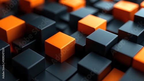 Abstract 3D Render Orange and Black Cubes Geometric Shapes Background Texture