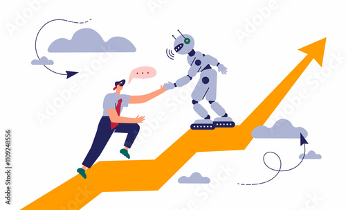 Collaboration between human and artificial intelligence or AI, Corporate technology development, Investment growth, Businessman and robot are climbing up a arrow. 
