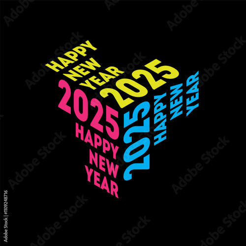 Neon Pink, Blue and Yellow Text Explodes from Black Background. Retro-Futuristic Design Celebrates Past, Present, and Future. Cube of Time: 2025 New Year Typography Pops in 3D!