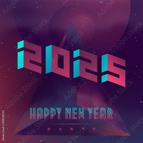 Happy New Year 2025. Futuristic design poster with abstract elements in dark space. Applicable for covers, placards, music posters and dj flyers. Space theme.