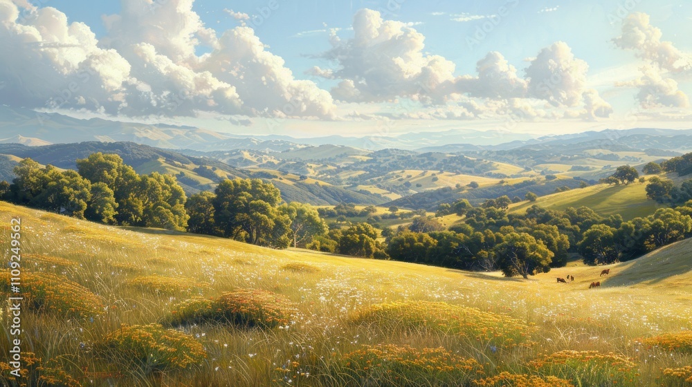 Fototapeta premium Sunny valley landscape with rolling hills, meadows, and scattered trees under a partly cloudy sky.