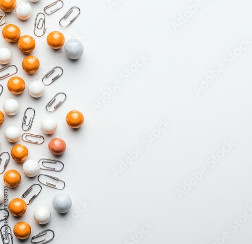 A vibrant assortment of colorful paper clips and balls arranged artistically on a clean surface, perfect for adding a creative touch to office and stationery concepts. photo