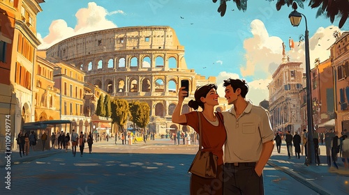 Couple Taking Selfie in Front of Colosseum in Rome, Italy