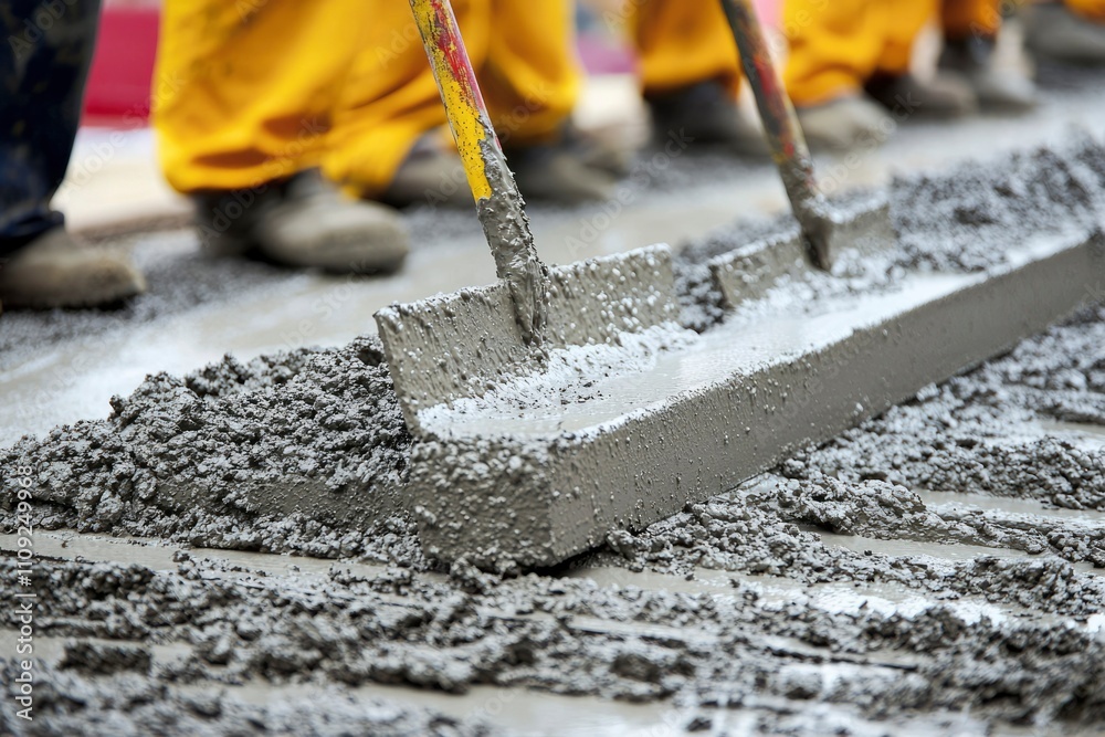 Workers smoothing wet concrete with long tools Workers smoothing wet concrete with long tools