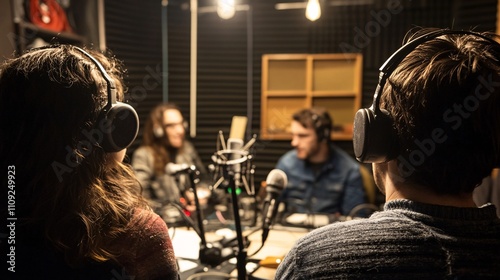 Group of People Engaged in Conversation in Podcast Studio