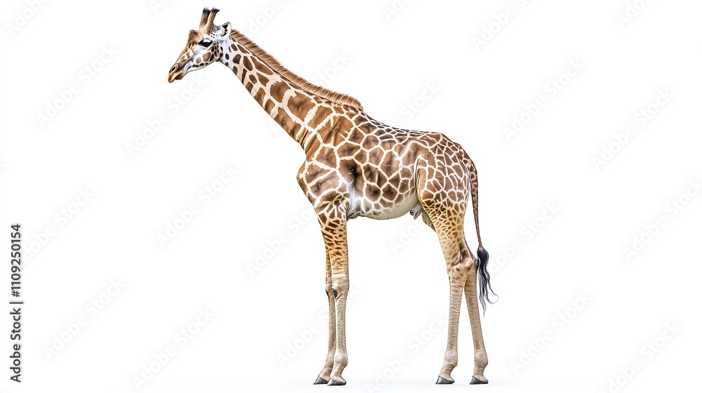 Fototapeta premium Solitary giraffe standing against white background, showcasing its patterned coat.