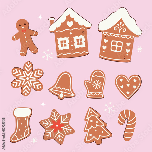 Set of Christmas gingerbread cookies of different shapes. Vector graphics.