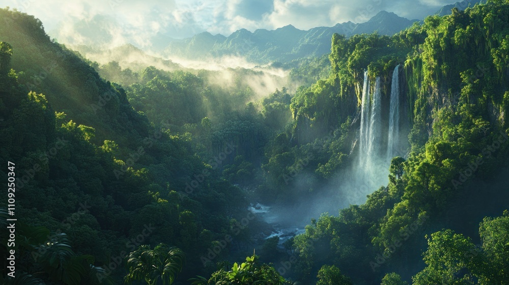 Fototapeta premium Lush Jungle Waterfall in Misty Sunlight