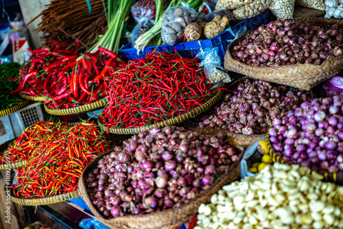 Vegetables and spices on Badung Market, Denpasar, Bali, Indon. photo