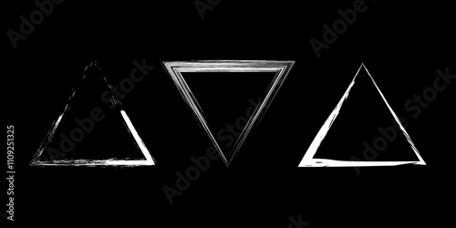 Set of white grunge paintbrush shapes in triangle form. Vector illustration. Trendy design element for border frame, logo, tattoo, prints, web pages, template and monochrome pattern