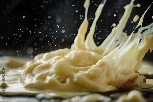 Piece of bread being dipped into a pan of melted cheese, creating a long cheese pull and splash photo