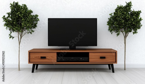 a photostock of a  Television put on tv stand wood table, in minimal empty space livingroom room background white wall photo