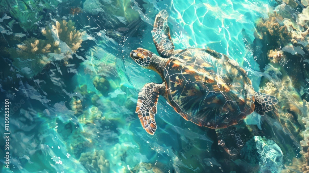 Fototapeta premium Sea turtle swimming in vibrant coral reef.
