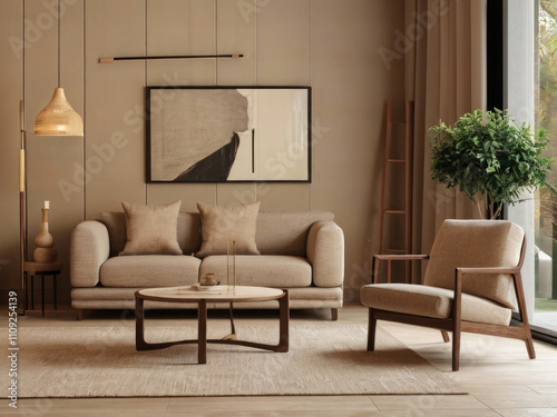 Wallpaper Mural Minimalist, japandi style interior design of modern living room. Boucle sofa and accent armchair against beige wall with frame. Torontodigital.ca