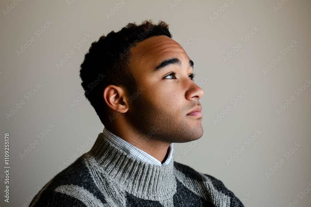 Fototapeta premium Young Man Contemplating in Profile Wearing a Sweater