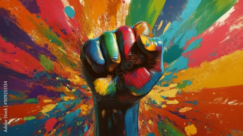 A vibrant, multicolored hand clenched into a fist, with dynamic paint splashes exploding in all directions, symbolizing creativity and empowerment. photo