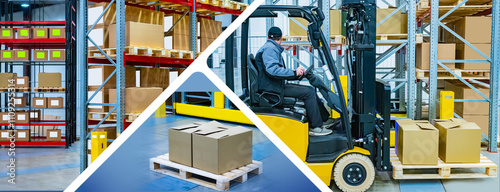 Warehouse logistics. Cardboard boxes on pallet. Man operates forklift. Warehouse with addressable storage system. Logistics center. Fulfillment business. Warehouse collage. Distribution center photo