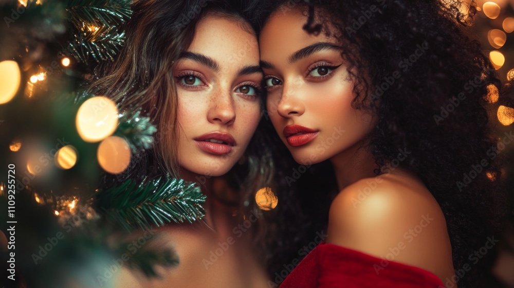 Two women showcase elegance and harmony while posing together, surrounded by a backdrop of festive lights and Christmas tree branches, embodying joy and togetherness. Two women showcase elegance and harmony while posing together, surrounded by a backdrop of festive lights and Christmas tree branches, embodying joy and togetherness.