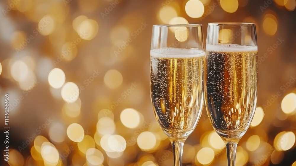 Celebratory New Year's Eve toast with champagne glasses on shimmering golden background, featuring bokeh effect and festive confetti banner, embodying a vibrant New Year celebration concept. Celebratory New Year's Eve toast with champagne glasses on shimmering golden background, featuring bokeh effect and festive confetti banner, embodying a vibrant New Year celebration concept.