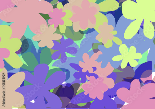 Colorful flowers overlap, creating a vibrant cluster of blossoms have a blue tone color