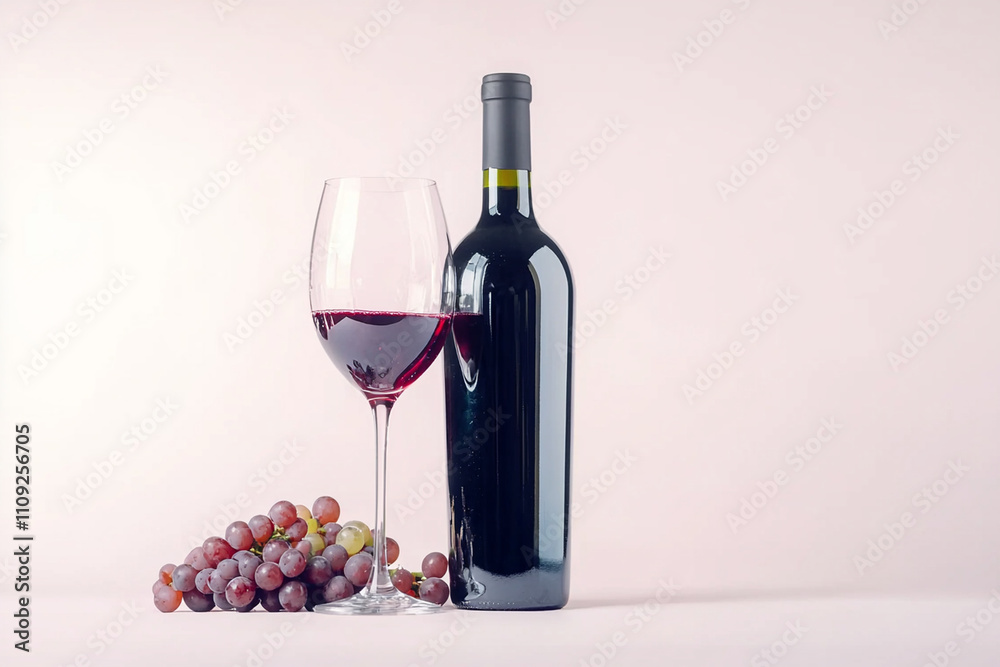 Obraz premium Wine glass and bottle with fresh grapes on a soft background