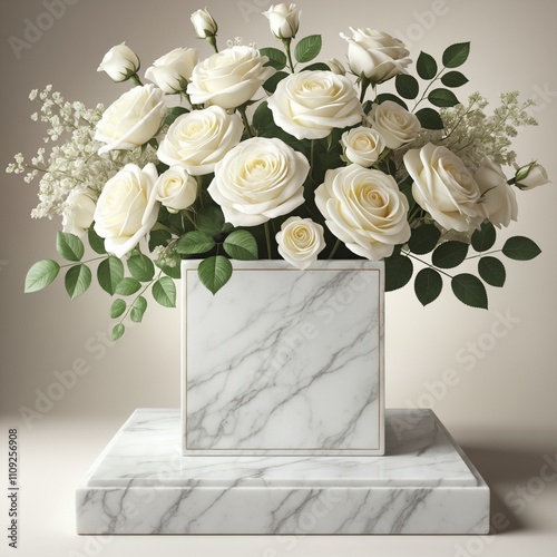  Rectangular Marble Pedestal with White Roses Bouquet