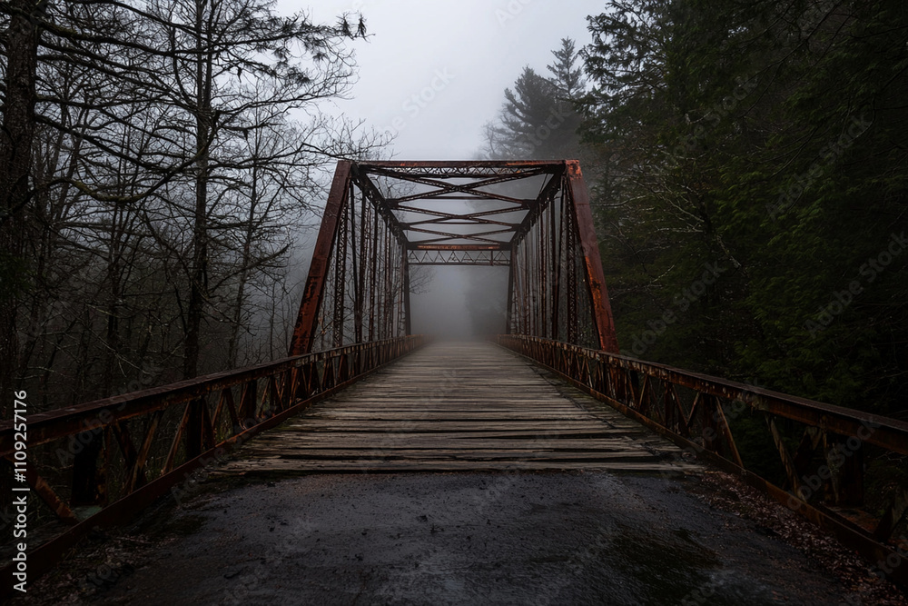 Obraz premium Fog envelops abandoned bridge in tranquil forest setting