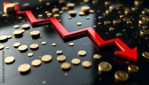An abstract representation of a stock market crash with bold red arrows pointing downward across a glossy,