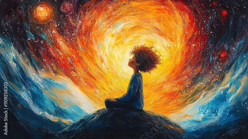 A contemplative child sits atop a hill, gazing at a magnificent cosmic swirl of colors representing the universe and dreams, encased by a starry night sky.