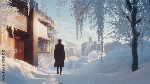 Elegant figure walking through a serene snowy landscape near modern architecture, framed by frosted trees photo