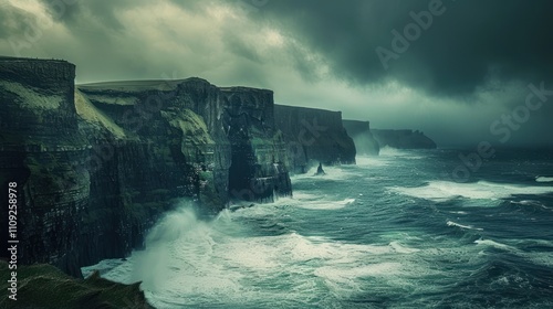 Dramatic coastal cliffs battered by stormy ocean waves. photo