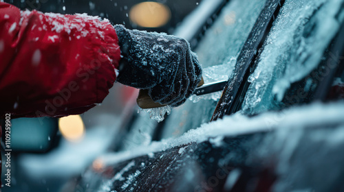 Removing ice from car windows with de icer tool in winter weather photo