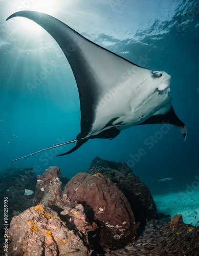 Oceanic manta ray flying around a cleaning station in cristal blue water photo