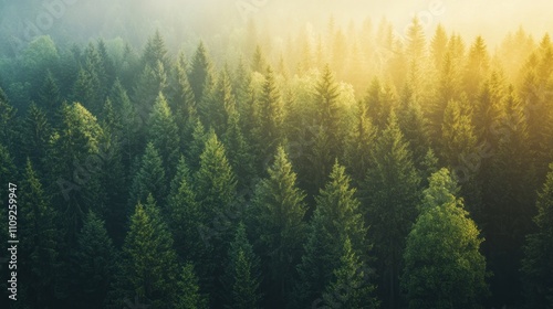 Dense green forest with sunlight filtering through pine trees